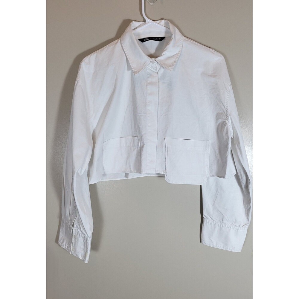Zara Women M White Cropped Button Up Shirt Utility Pockets Minimalist Y2K Blouse